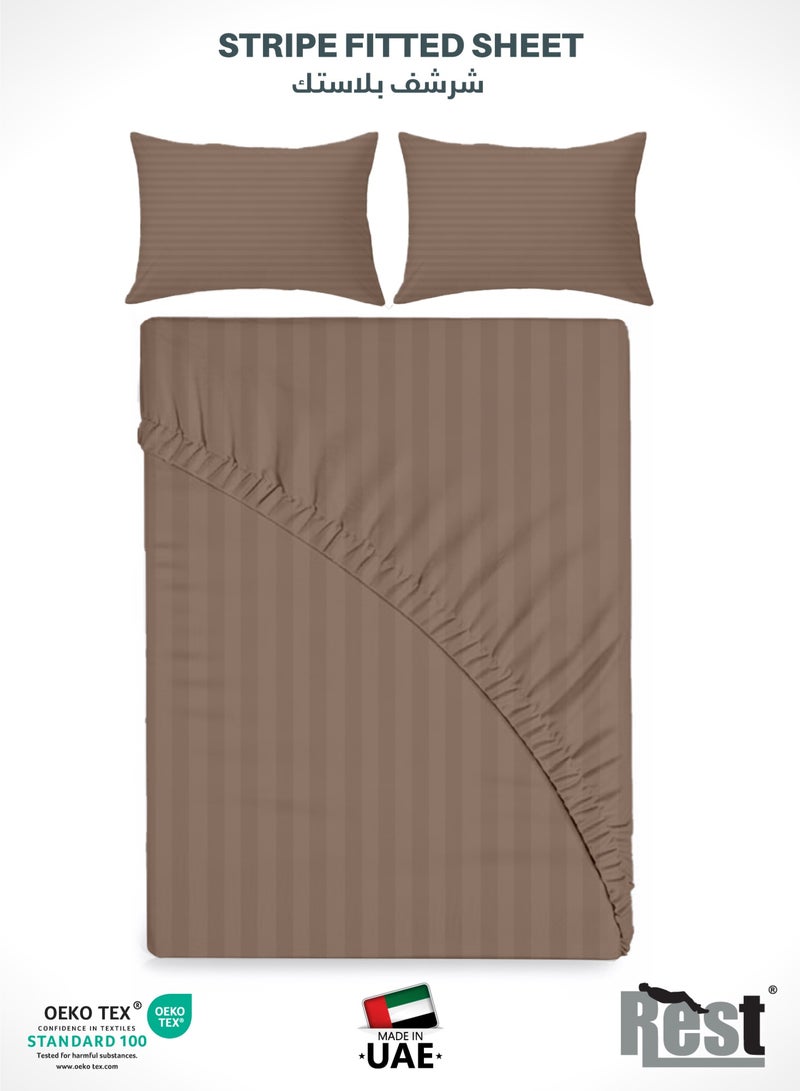 REST Stripe Fitted Sheet Set Single 90 x 190+20 cm + 2 Pillowcases 50 x 75 cm Brushed Microfiber Premium Durable Quality Deep Pocket for a Perfect Fit Shrinkage Fade Resistant Brown - Image 1
